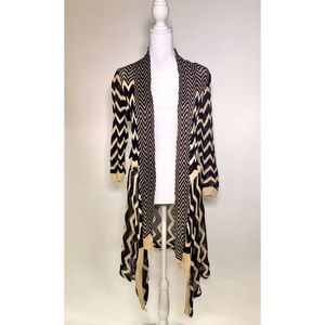 Nic + Zoe Black and Tan Pattern long knit cardigan Women’s size Small.